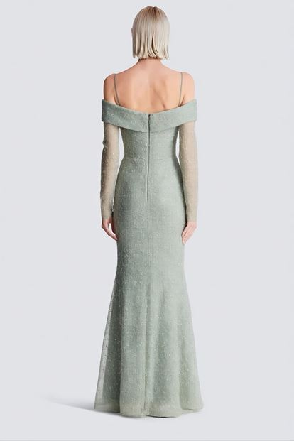 Mint Kayık Yaka Işıltılı Abiye Elbise